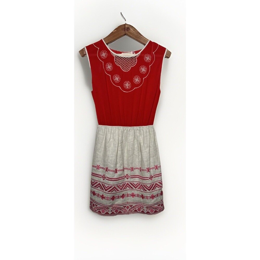 Champagne And Strawberry Embroidered Linen Blend Dress Size Small